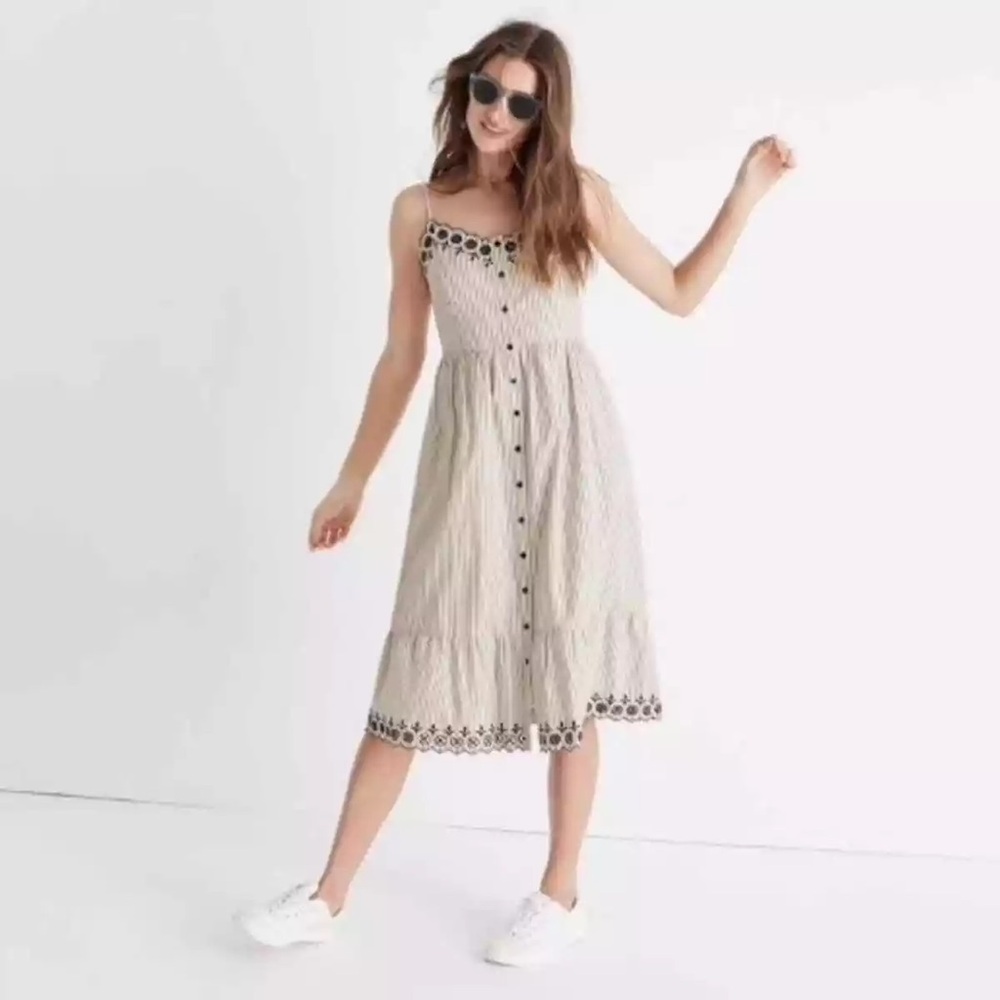 NWT Madewell Jardin Embroidered Striped Cotton Midi Dress